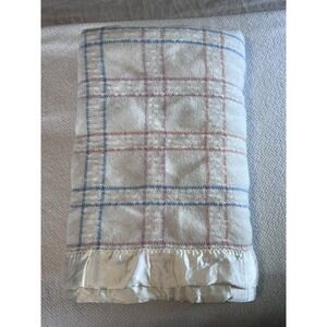 Vintage Faribo Wool Acrylic Blanket Plaid w/ Satin Trim 84"x90" Pink Blue White